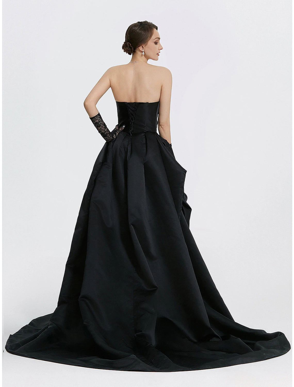 Abito da sera a trapezio, abito vintage, carnevale, mascherata, strascico a ruota, senza maniche, scollo a cuore, raso con spacco arricciato